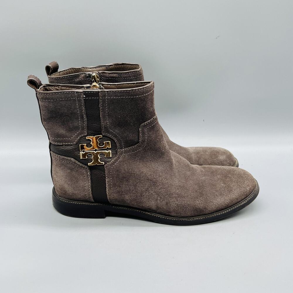 Tory Burch Boots Womens 7 Brown Suede Alaina Ankle Zip Logo Flat Booties Shoes